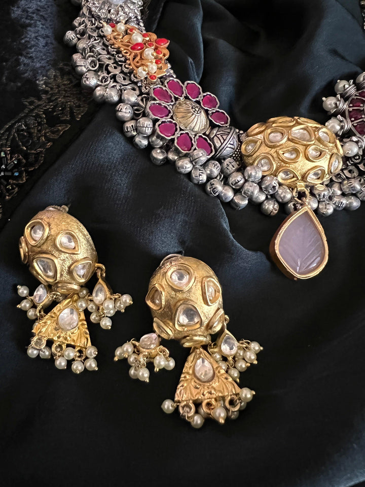 One of a Kind Designer Dual Tone Necklace with Kundan Earrings - SHIVKA