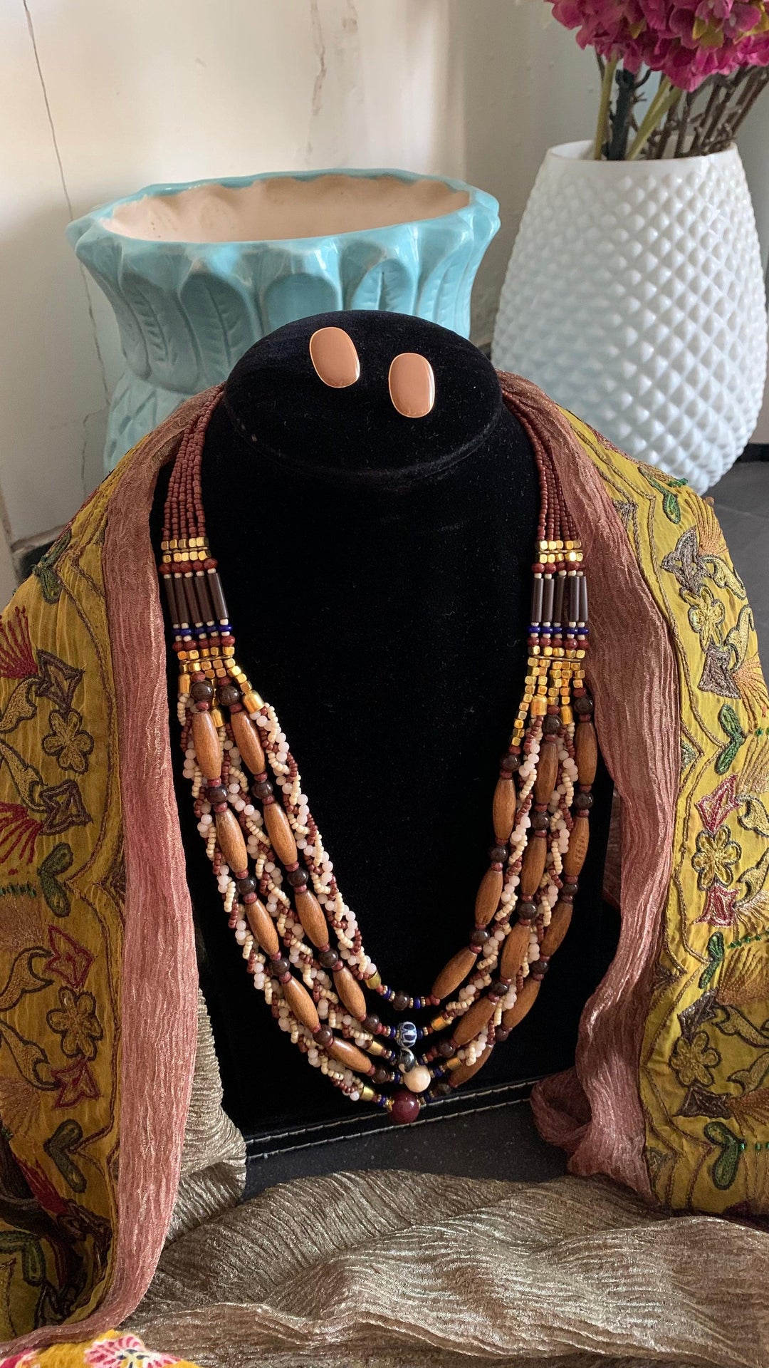 Vintage Beaded Necklace with Statement Stone Studs - SHIVKA
