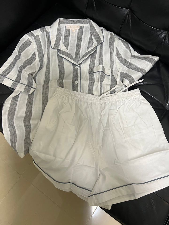 Grey and White Cotton Night Suit - Set of Two