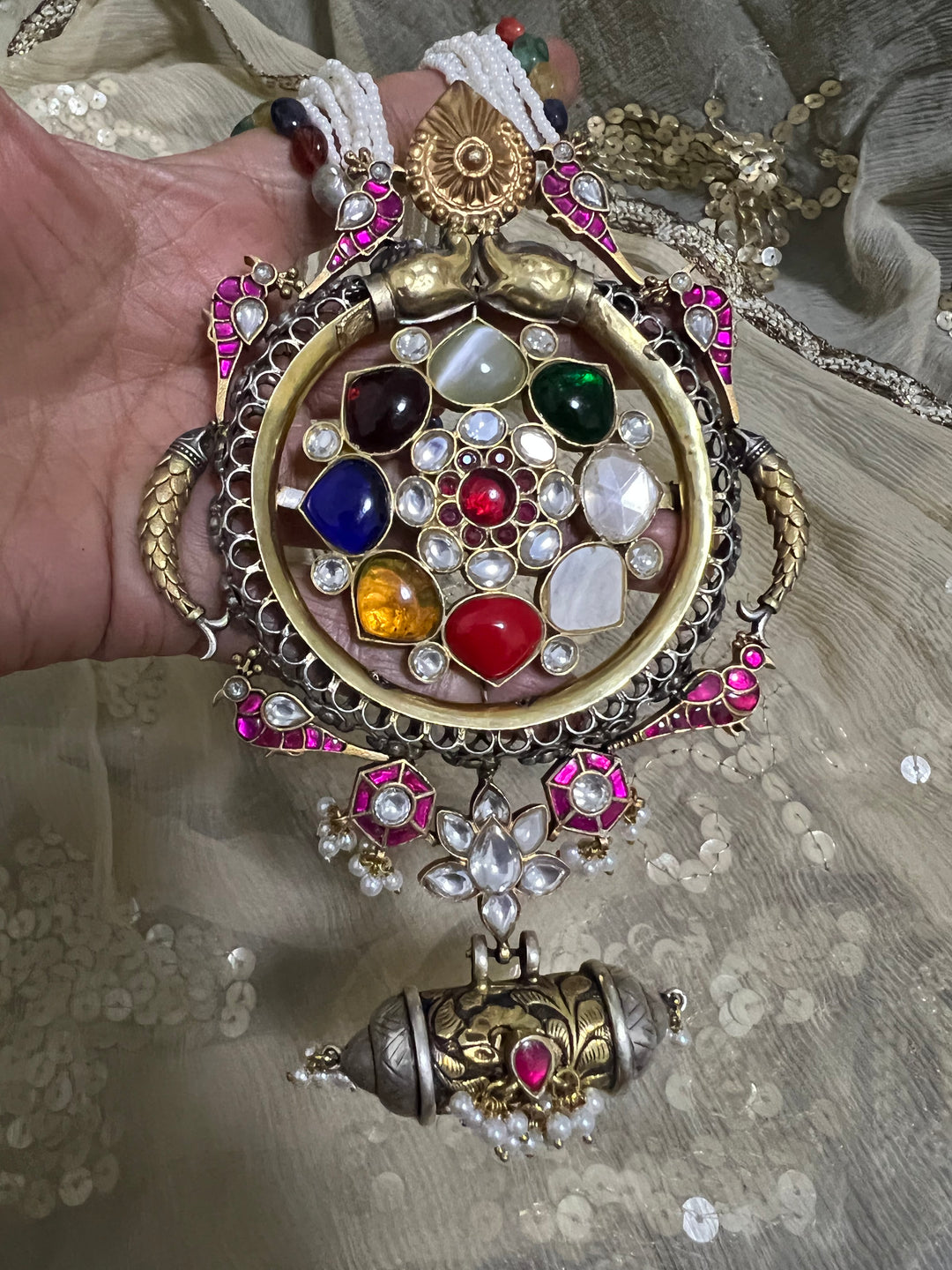 Pure Silver Real Navratna Beads Pendant Necklace