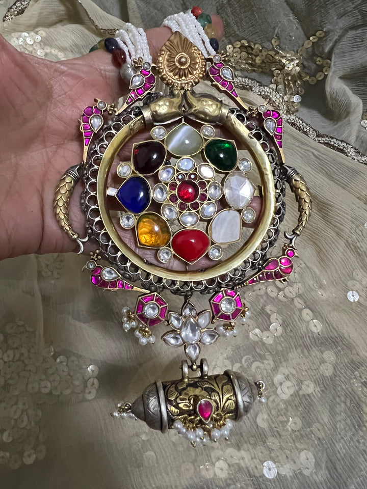 Pure Silver Real Navratna Beads Pendant Necklace