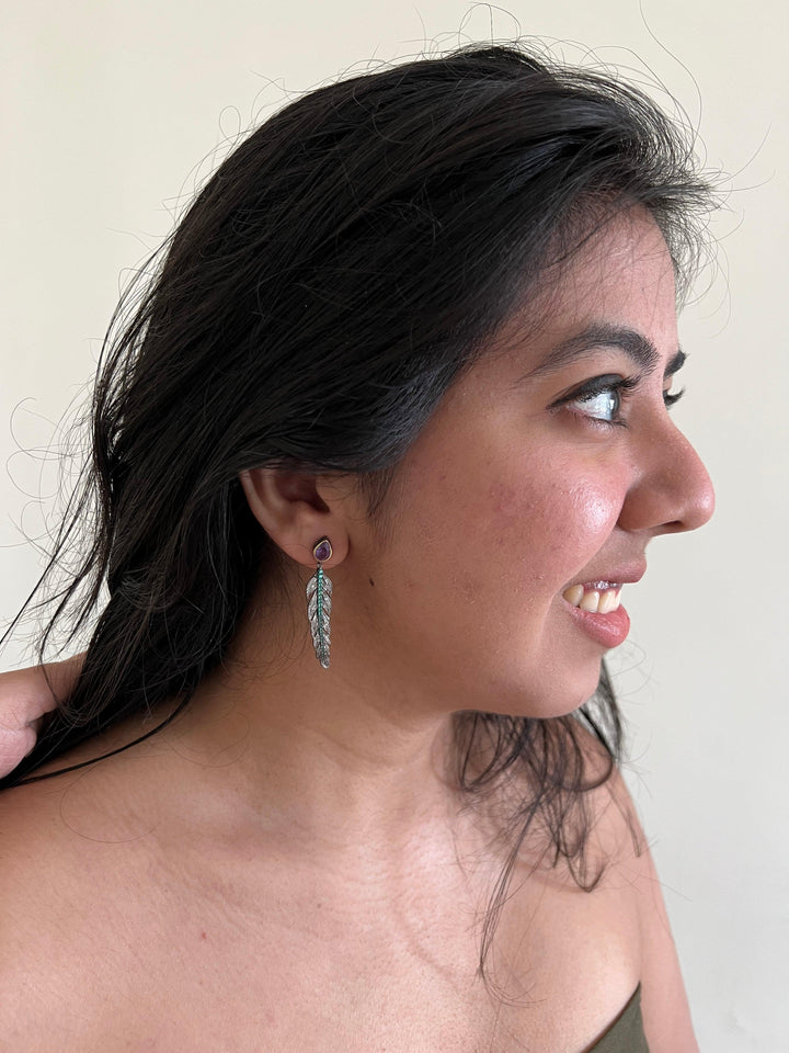 Minimalist 925 Silver Amethyst Leaf Earrings - SHIVKA