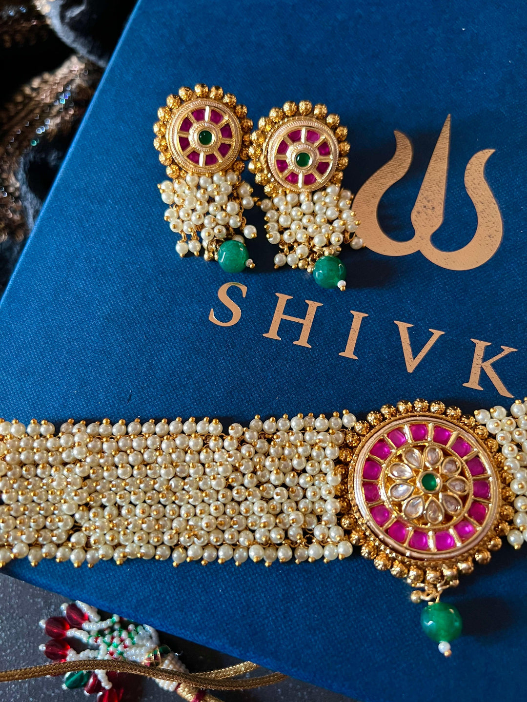 Statement Kundan and Pearl Choker with Earrings - SHIVKA