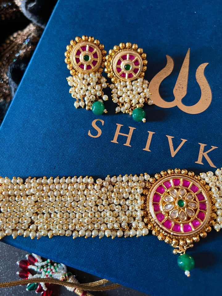 Statement Kundan and Pearl Choker with Earrings - SHIVKA