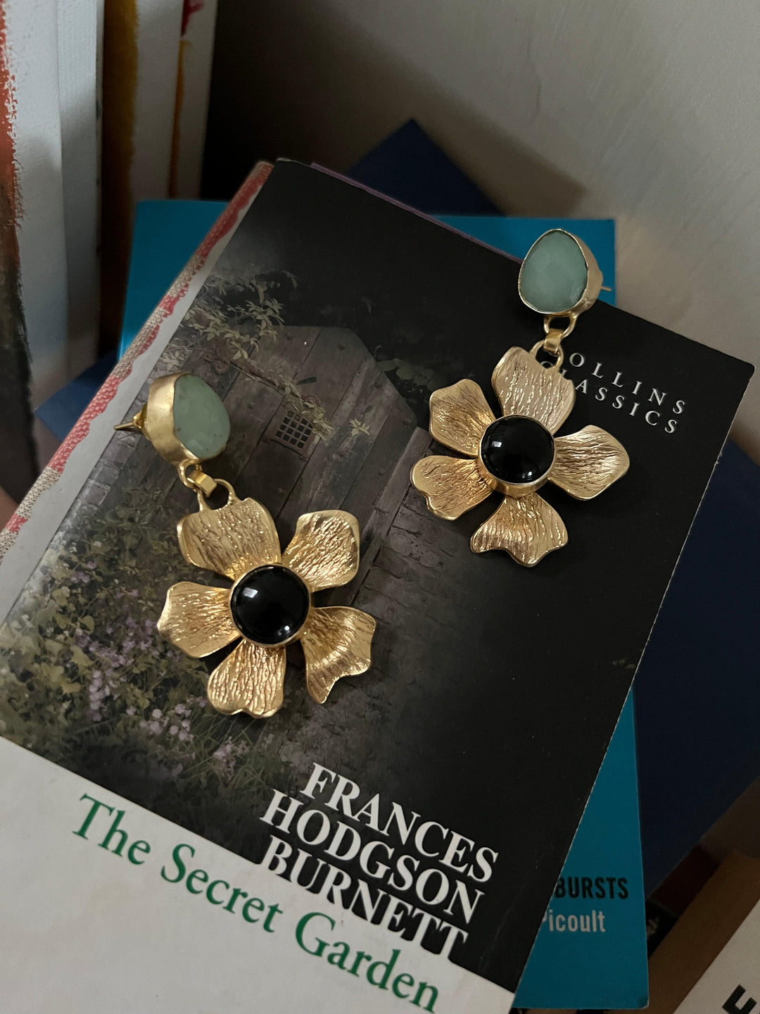 Onyx and Chalcedony Flower Design Earrings - SHIVKA