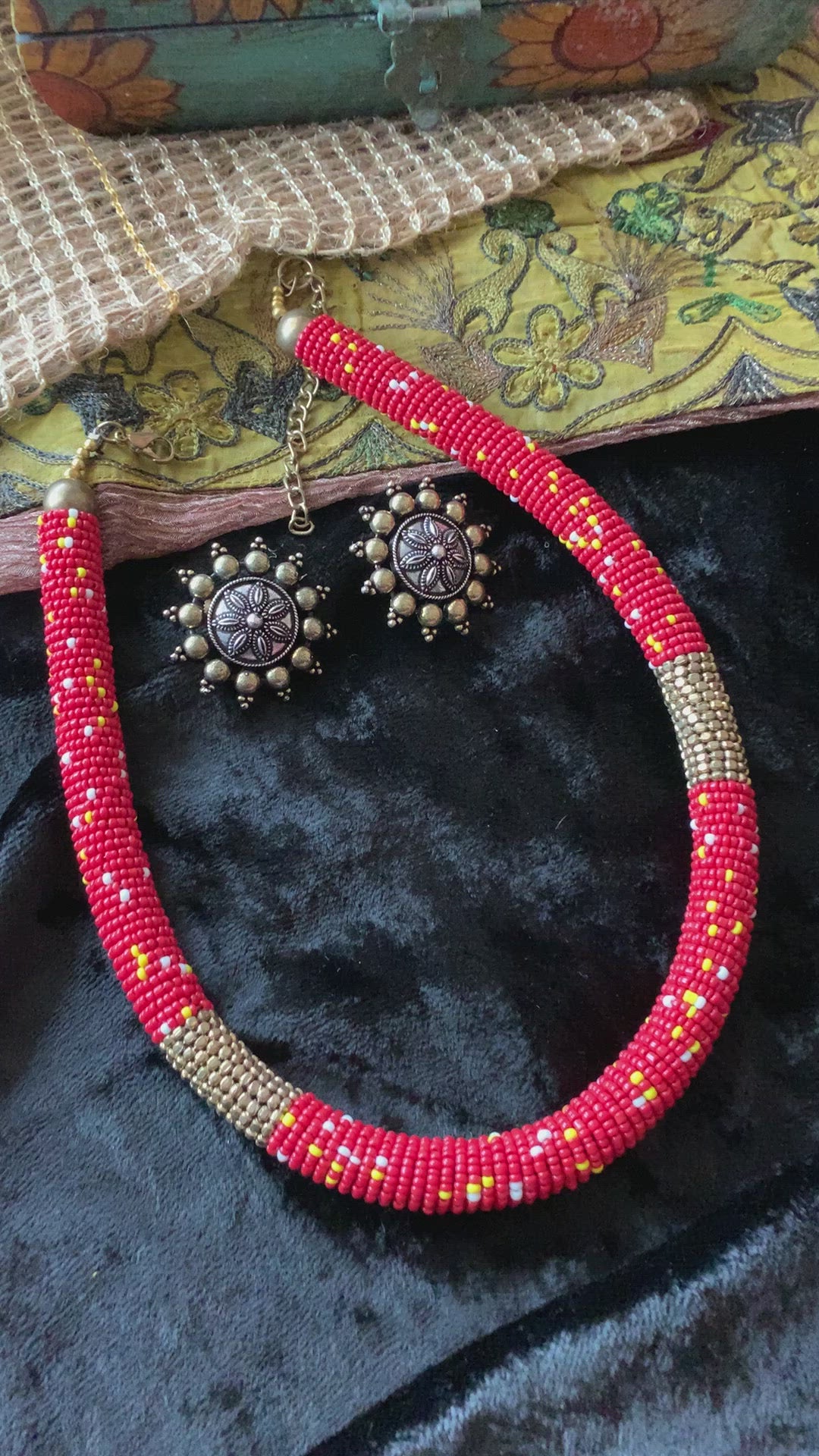 Red Beaded Necklace with Antique Studs