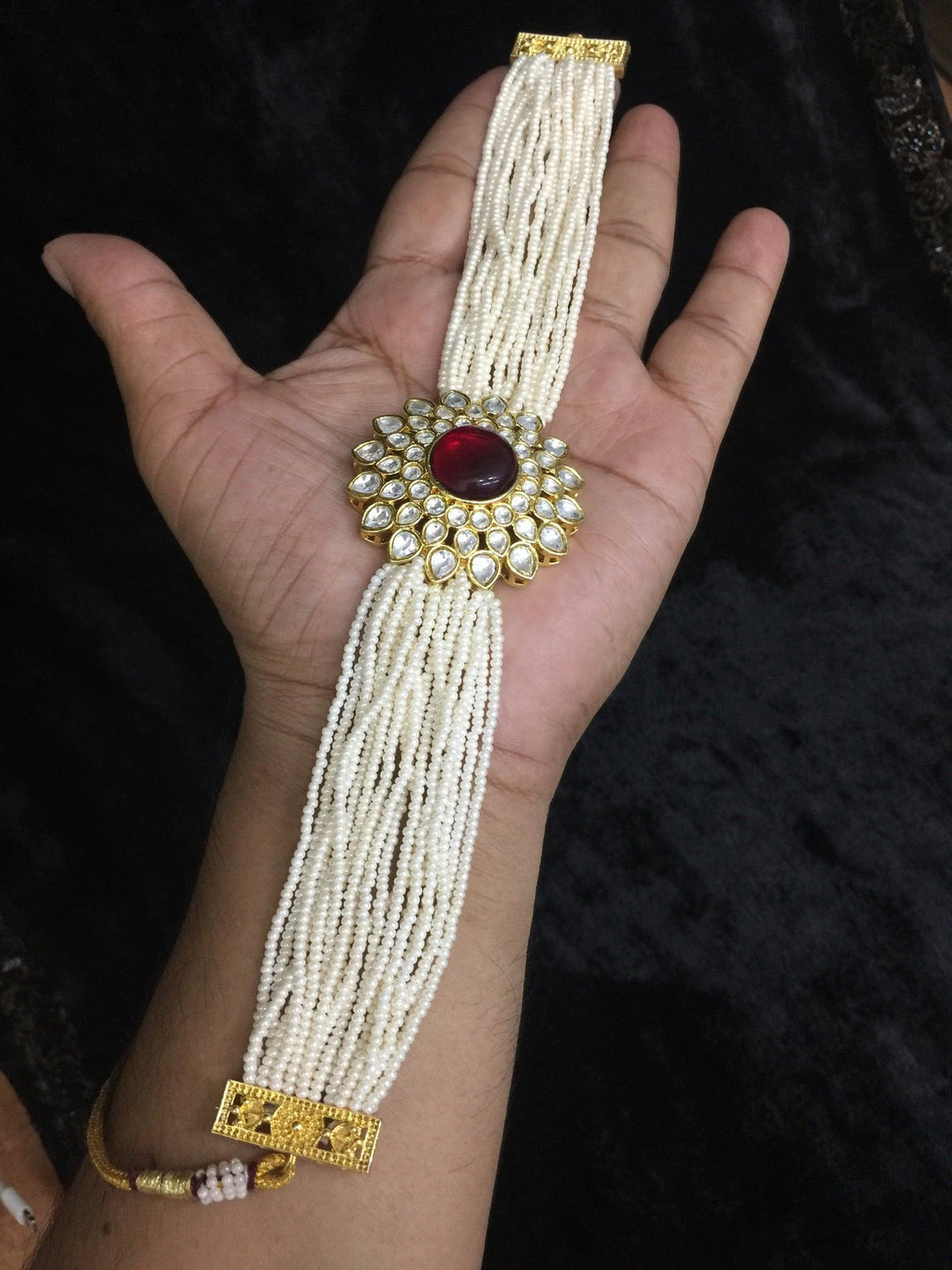 Red Kundan and Pearl Choker with Earrings - SHIVKA