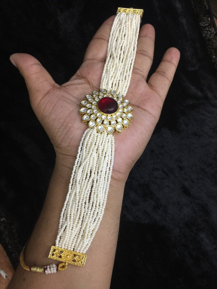 Red Kundan and Pearl Choker with Earrings - SHIVKA