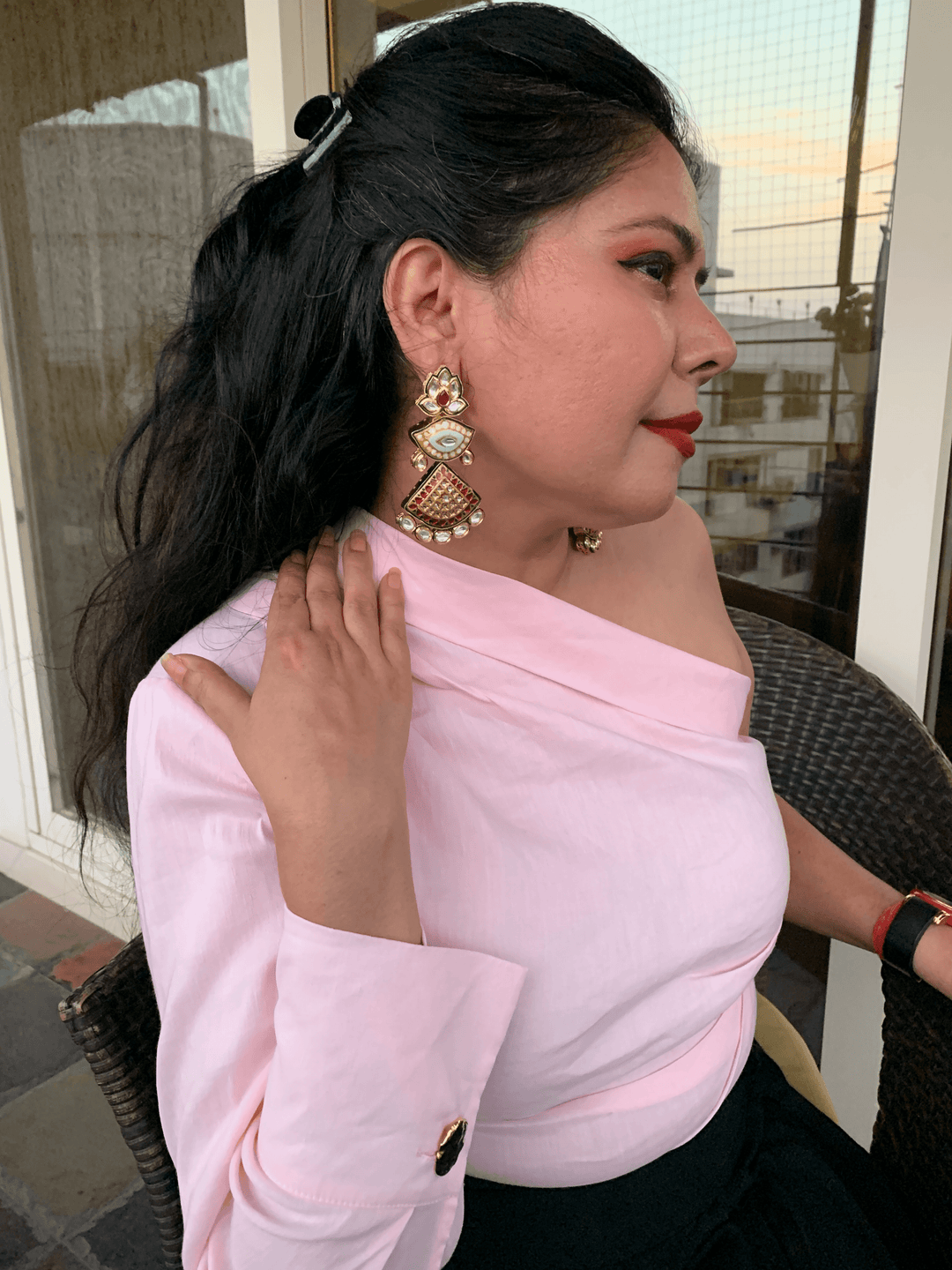 Lotus Red Kundan Meenakari Earrings - SHIVKA