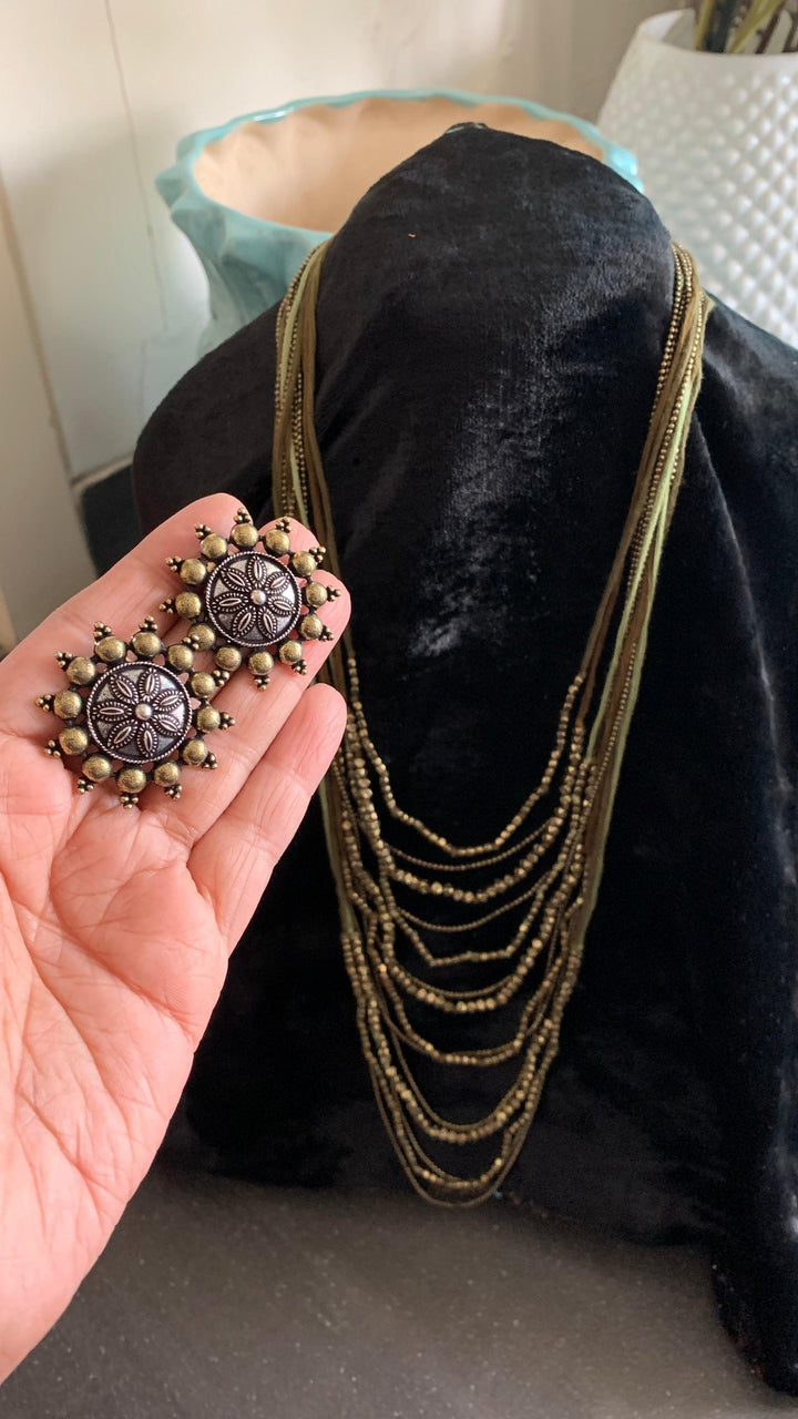 Olive Green and Antique Gold Beaded Long Necklace with Brass Studs - SHIVKA