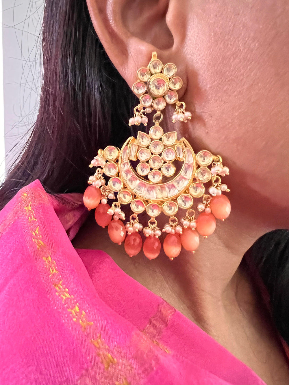 Peach Drops Pachi Kundan Earrings - SHIVKA
