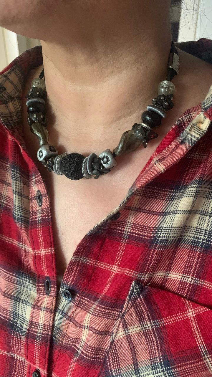 Statement Black and Silver Necklace with Antique Studs - SHIVKA