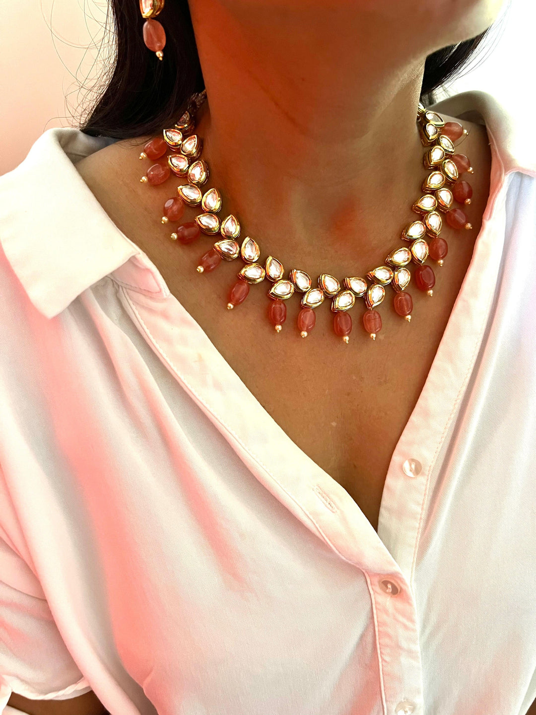 Peach Drops Kundan Necklace with Earrings - SHIVKA