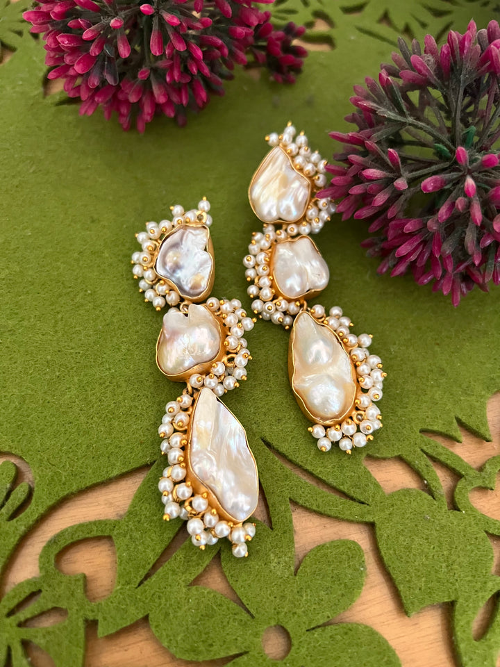 Three Tier Baroque Danglers/ Natural Gemstones Earrings/ Stylish Earrings