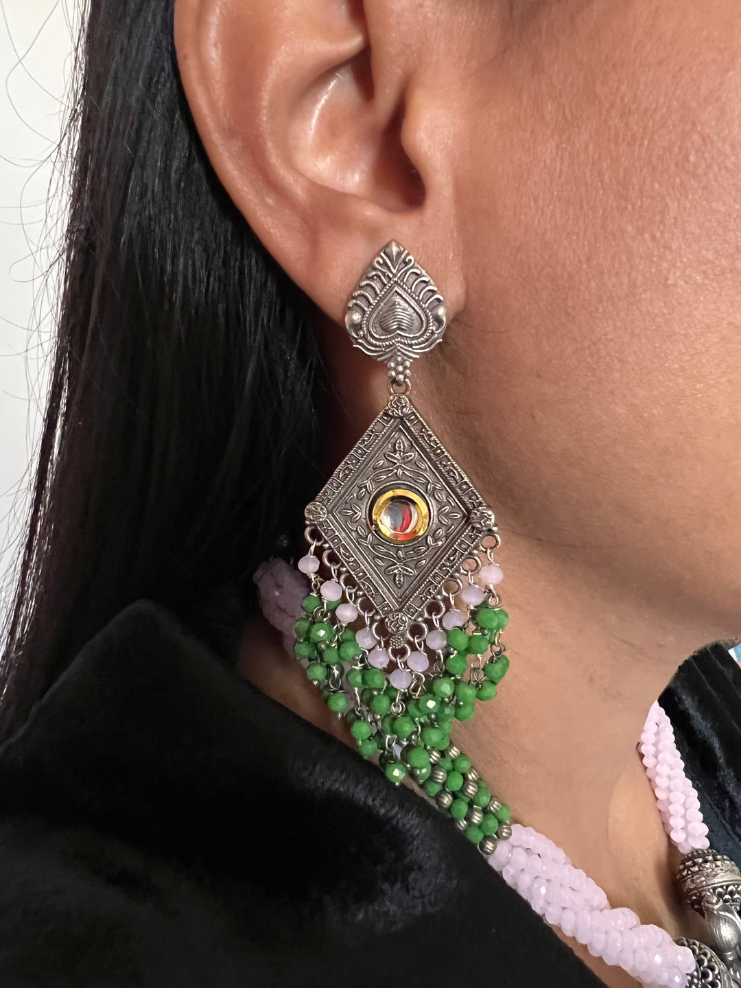 Beautiful Green and Pink Pendant Necklace with Statement Earrings