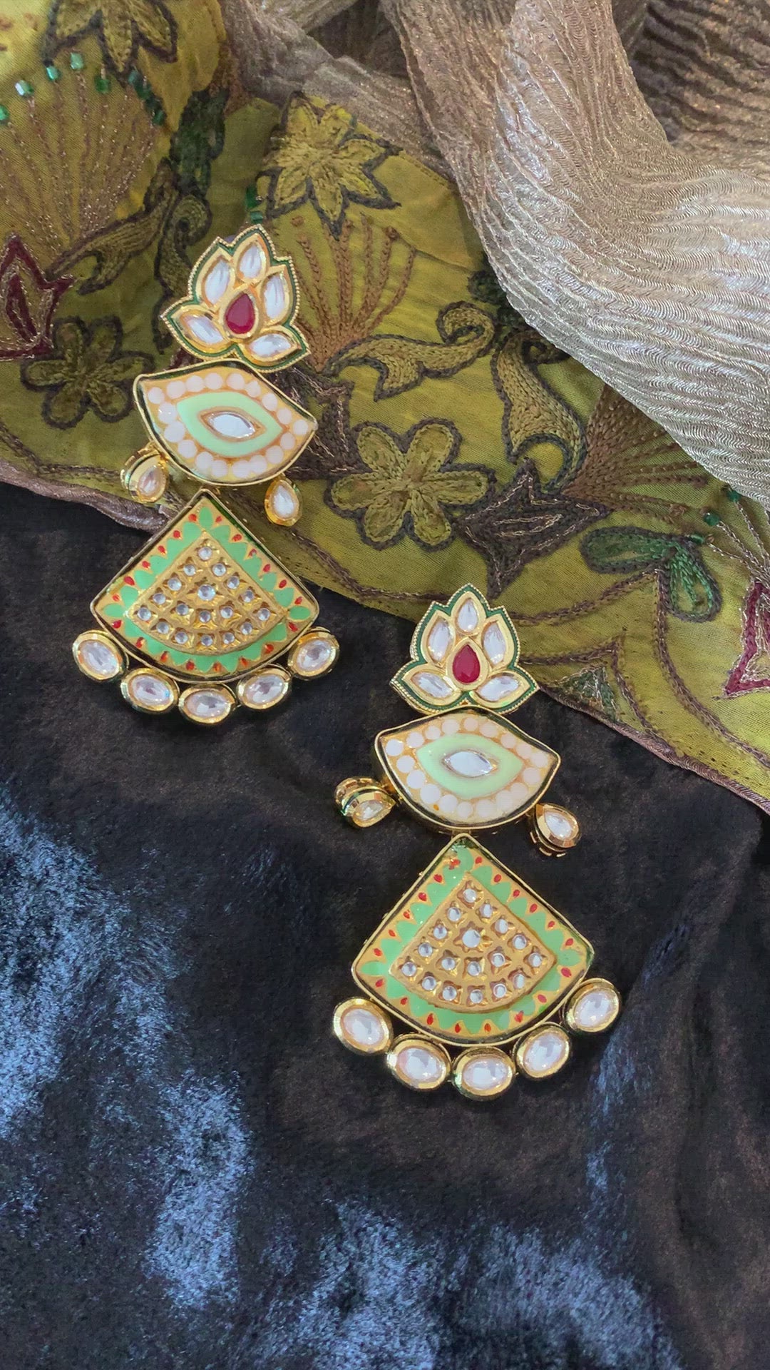 Lotus Green Kundan Meenakari Earrings