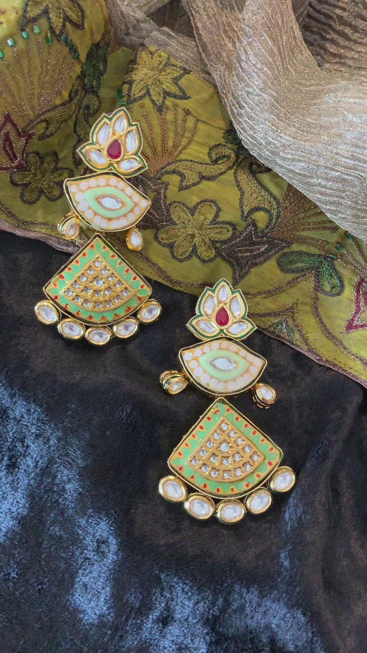 Lotus Green Kundan Meenakari Earrings