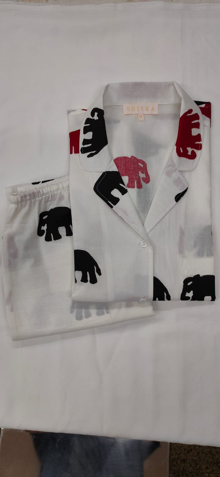 Elephant Design White Cotton Night Suit