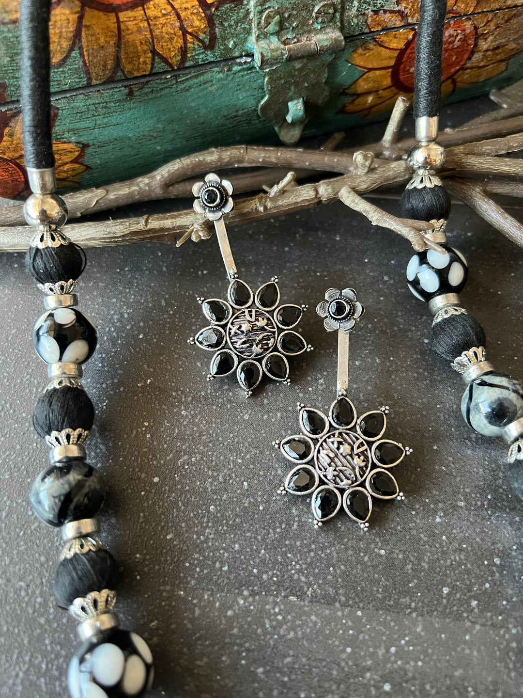 Black and Silver Beaded Necklace with Statement Earrings