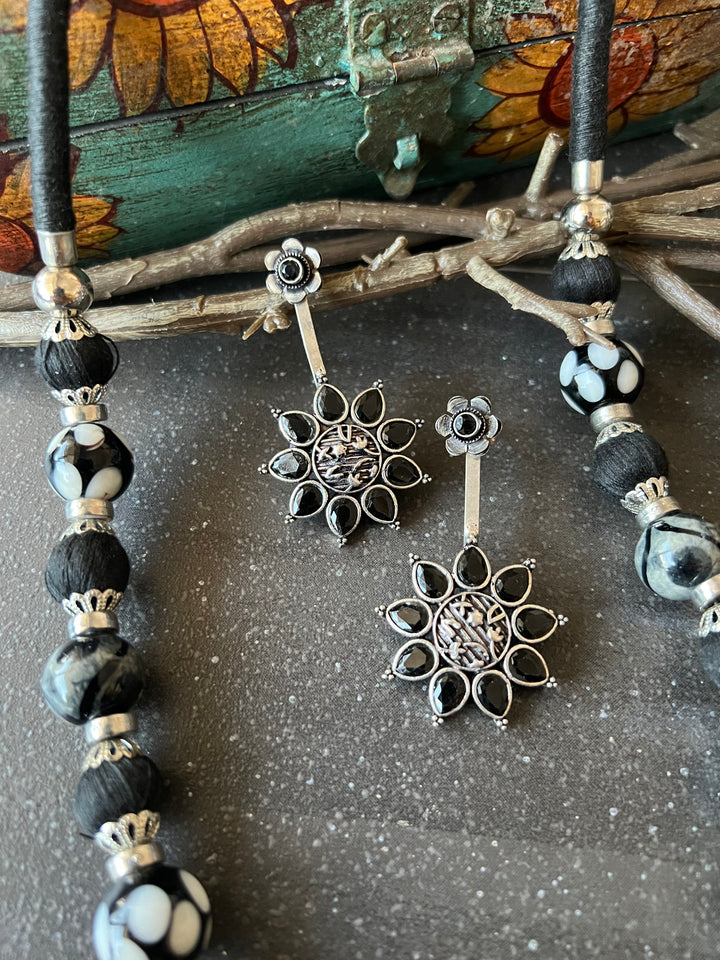 Black and Silver Beaded Necklace with Statement Earrings