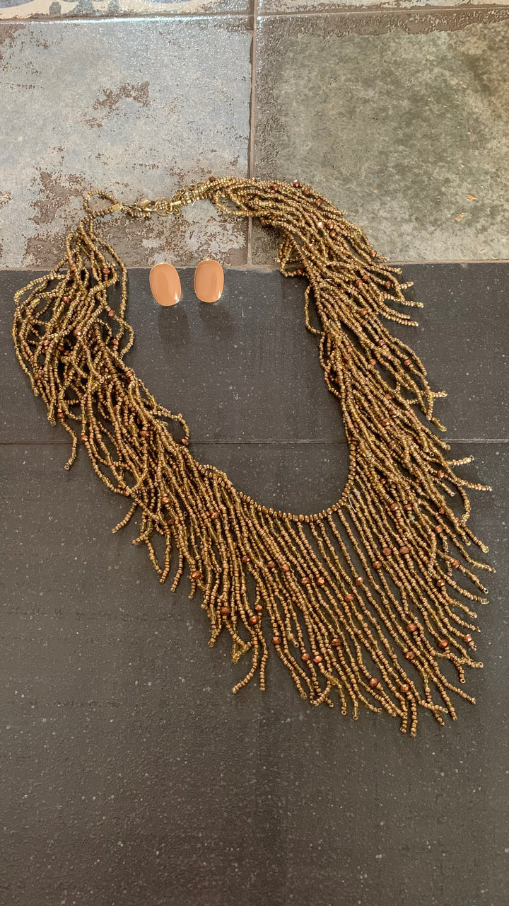 Boho Brown Beaded Necklace with Stone Studs