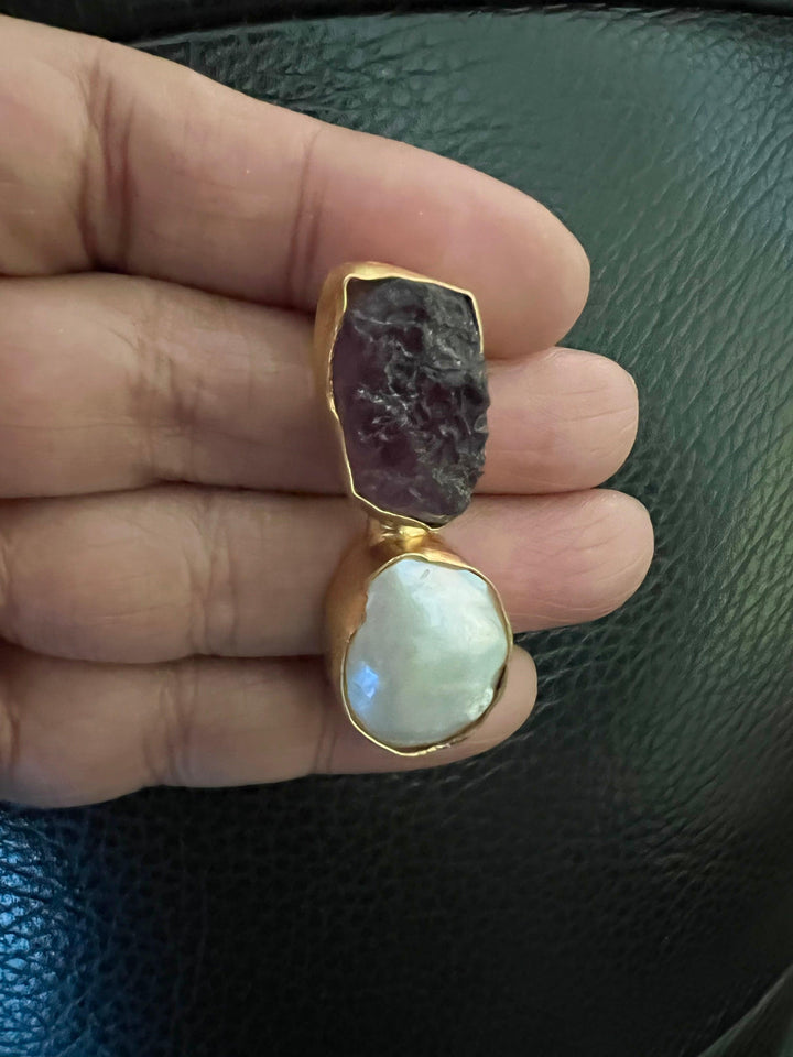Raw Amethyst Baroque Pearls Studs - SHIVKA