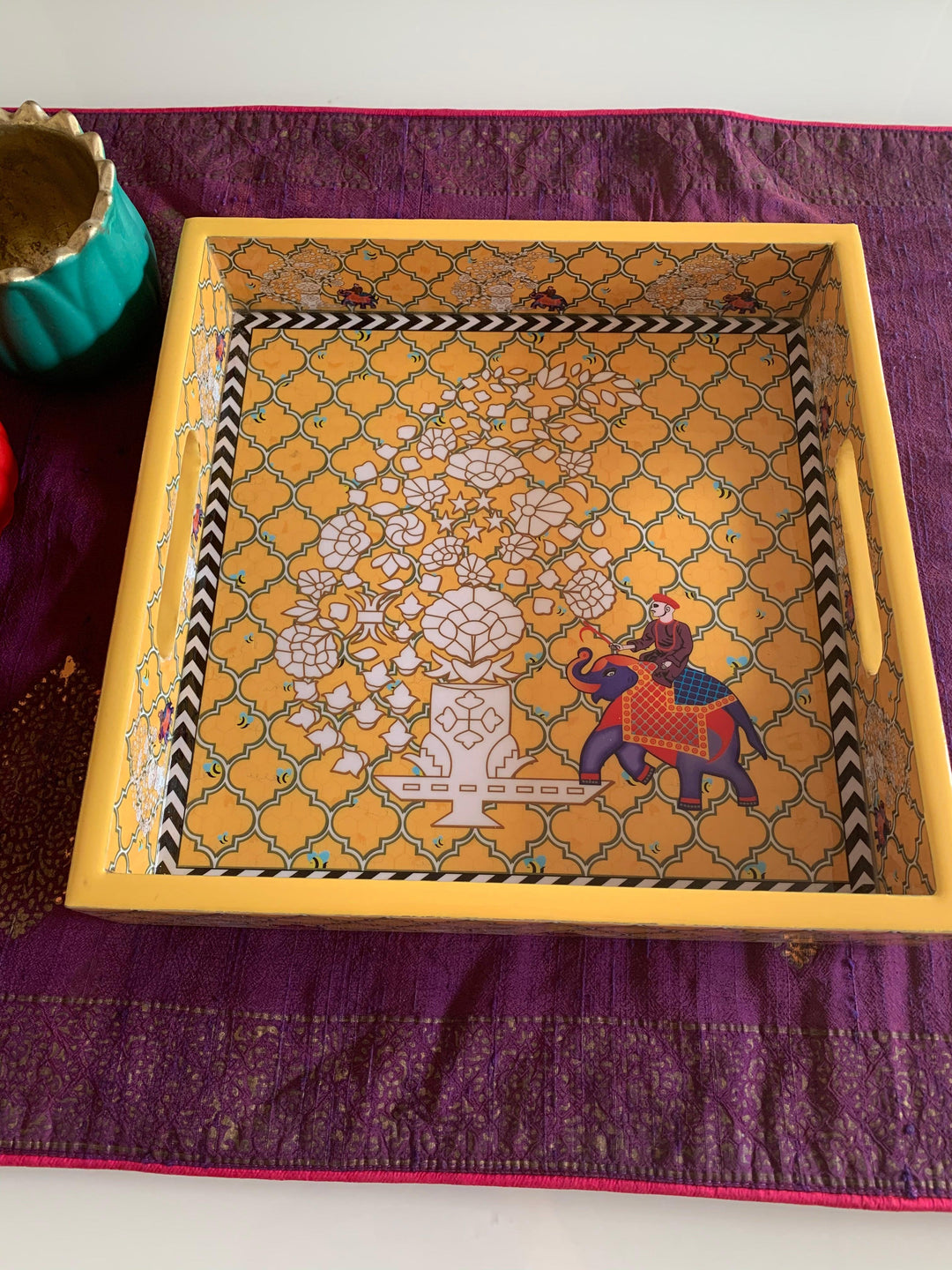Yellow Elephant Design Enamelled Tray - SHIVKA
