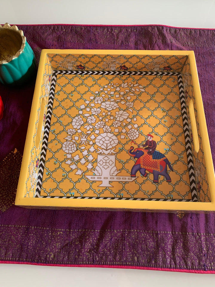Yellow Elephant Design Enamelled Tray - SHIVKA