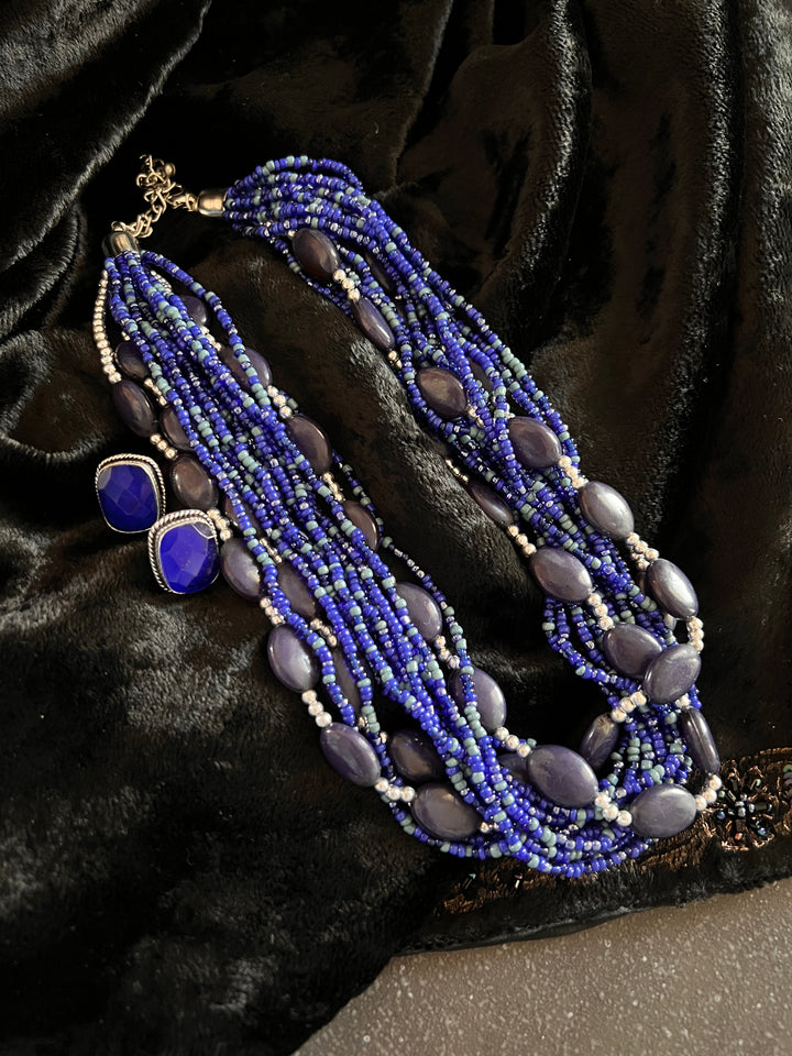 Bright Blue Beaded Necklace with Studs