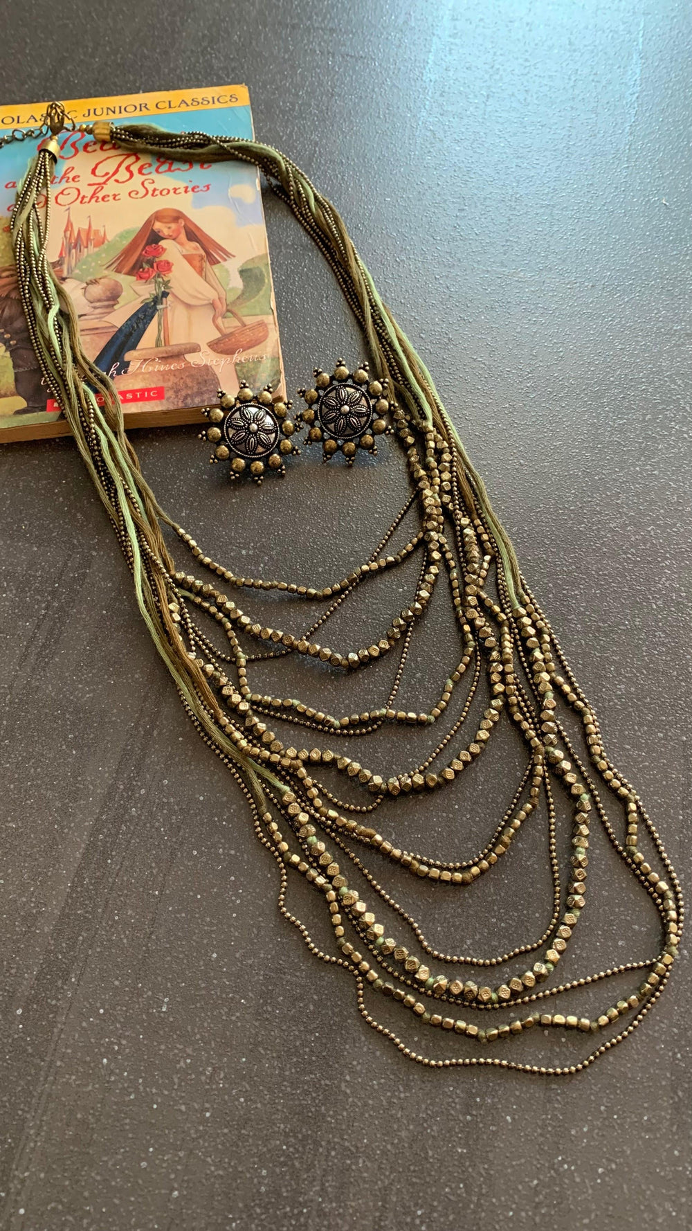 Olive Green and Antique Gold Beaded Long Necklace with Brass Studs - SHIVKA