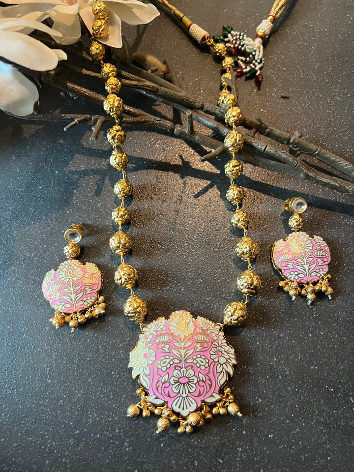 Pink & Gold Traditional Long Necklace with Earrings