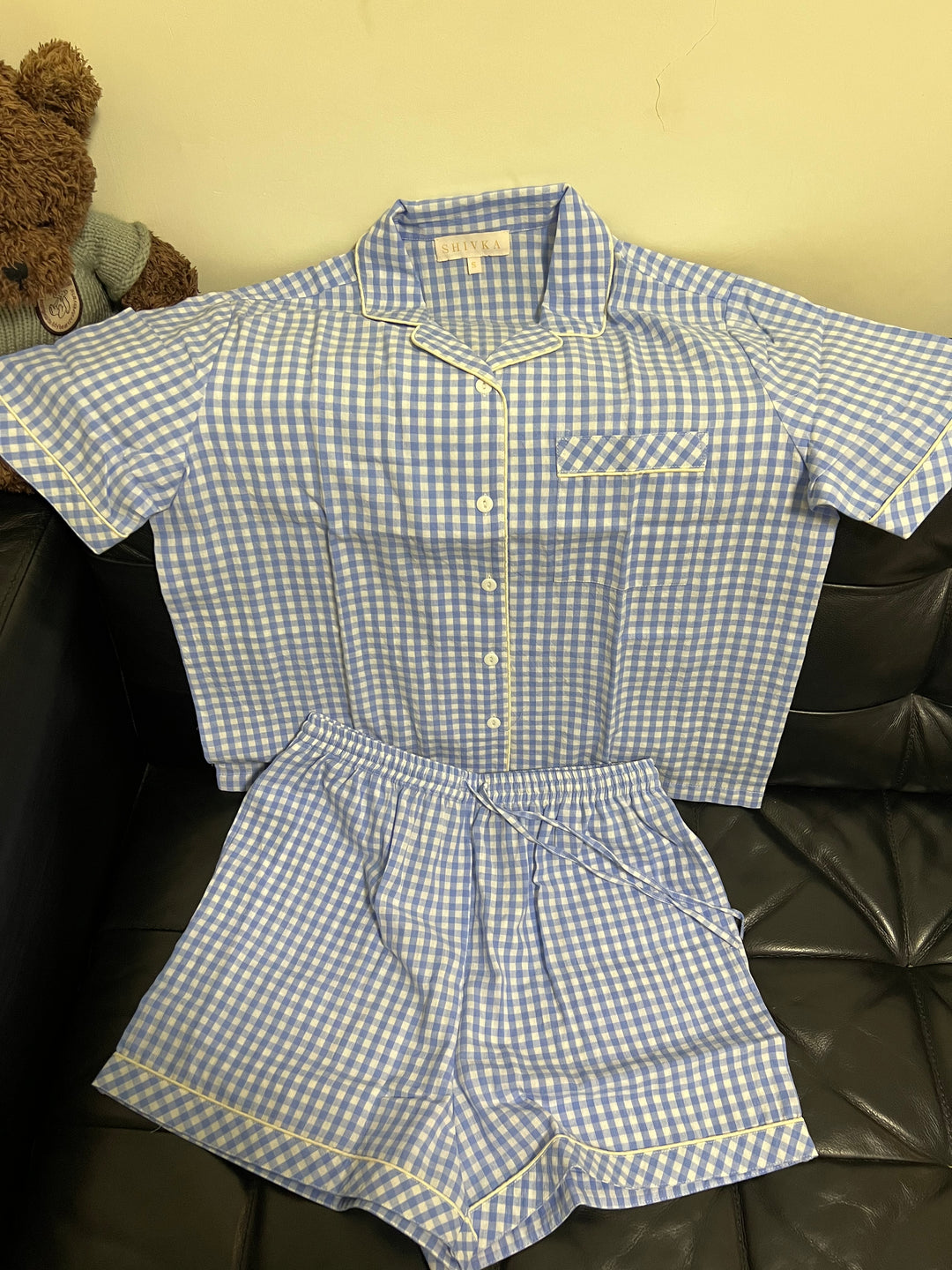 Checkered Blue and White Cotton Night Suit - Set of Two