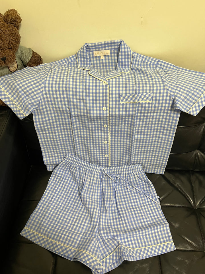Checkered Blue and White Cotton Night Suit - Set of Two