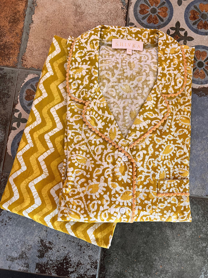 Yellow Print Cotton Night Suit - SHIVKA