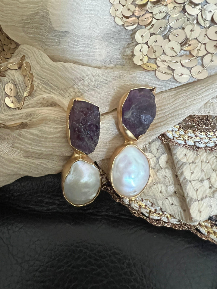 Raw Amethyst Baroque Pearls Studs - SHIVKA