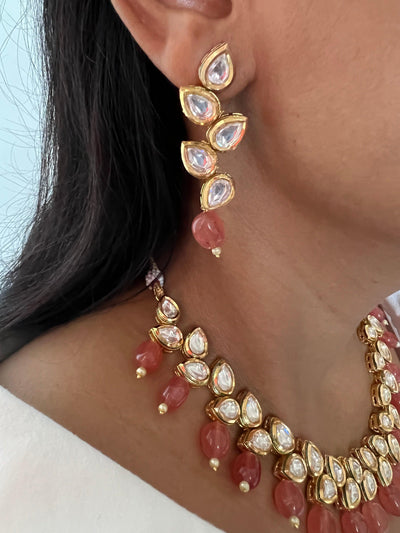 Peach Drops Kundan Necklace with Earrings - SHIVKA