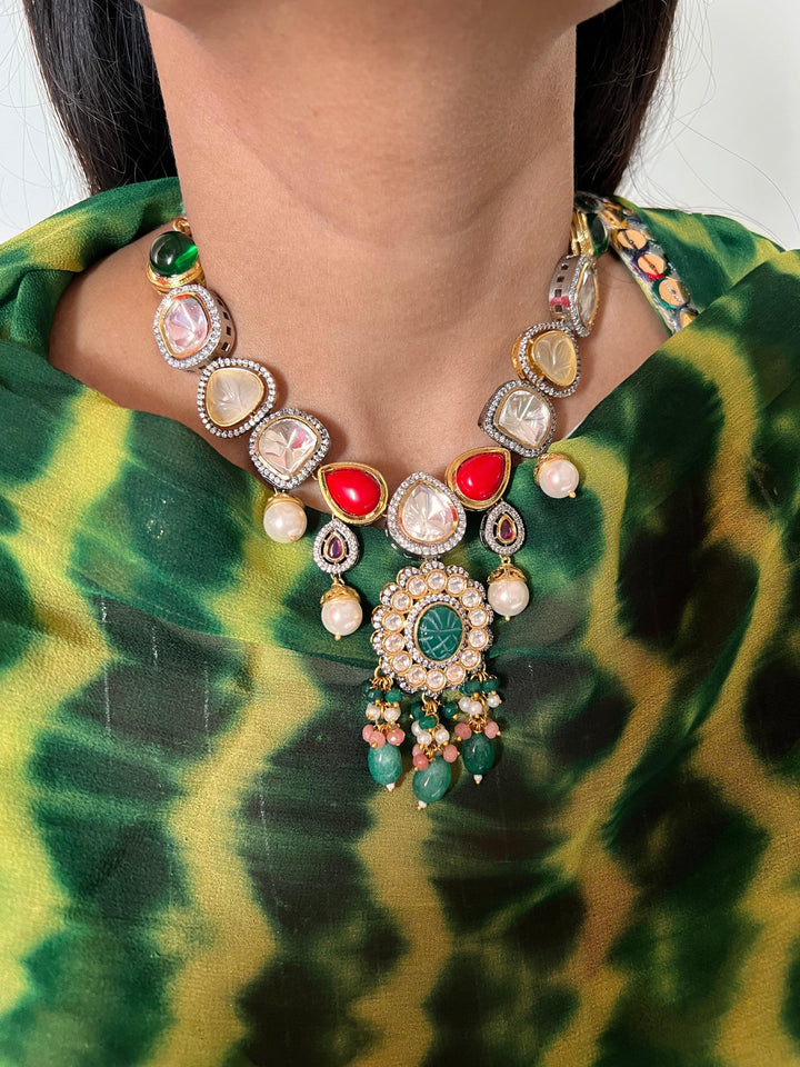 Scintillating Multicolored  Kundan Necklace with Statement Jhumka Earrings - SHIVKA