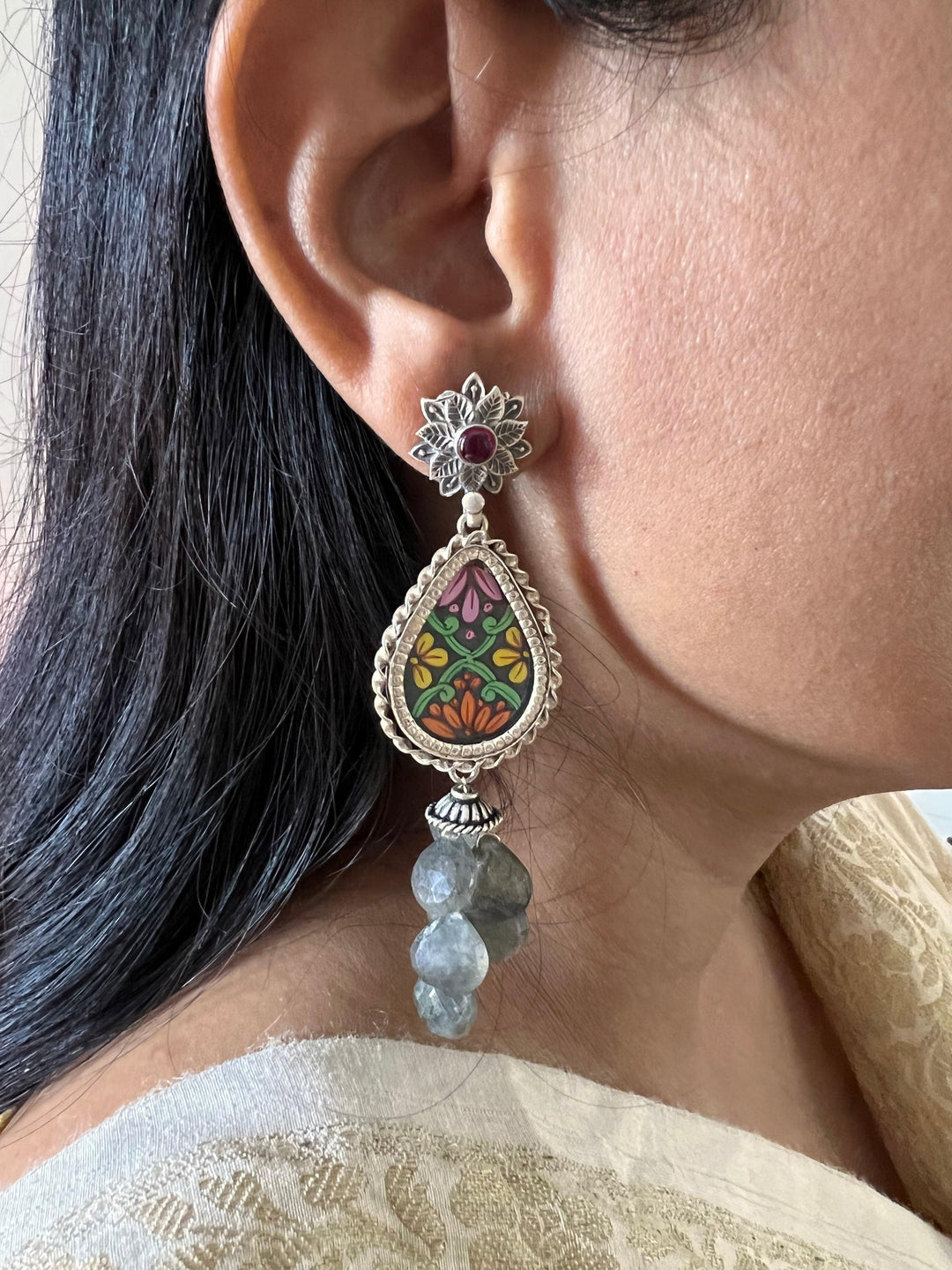 Statement Labradorite Cluster Pure 925 Silver Earrings - SHIVKA