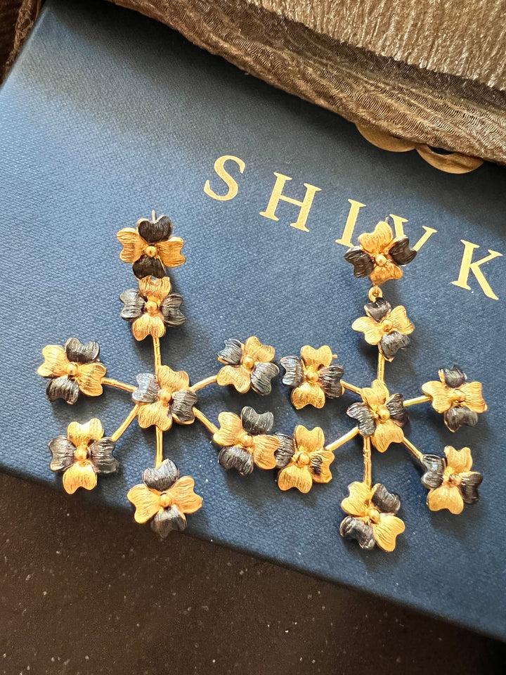 Asymmetric Flowered Wheel Design Earrings/ Dual Tone Earrings