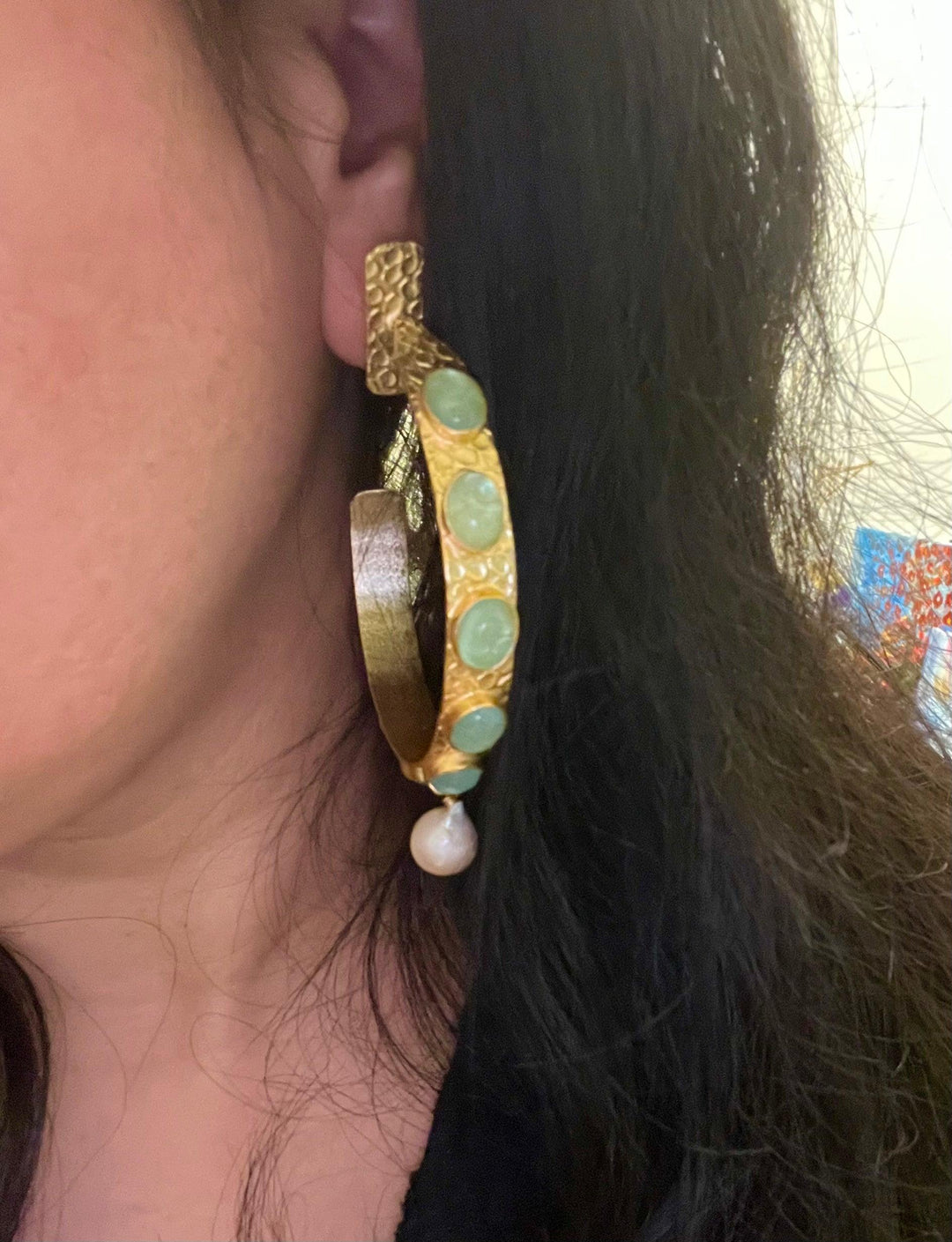 Natural Gemstones Pearl Drop Designer Hoops - SHIVKA