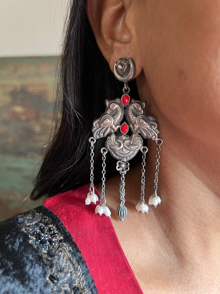 Twin Peacock Pure 925 Silver Earrings