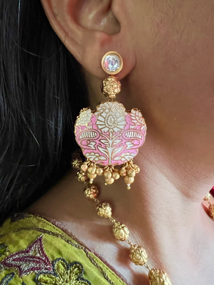 Pink & Gold Traditional Long Necklace with Earrings