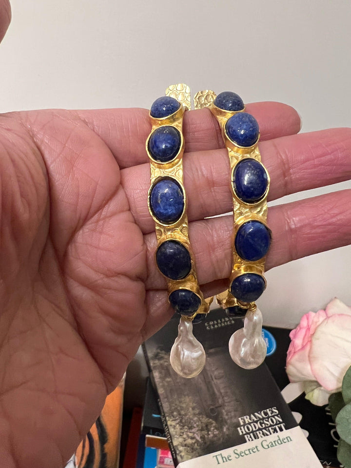 Natural Gemstones Pearl Drop Designer Hoops - SHIVKA