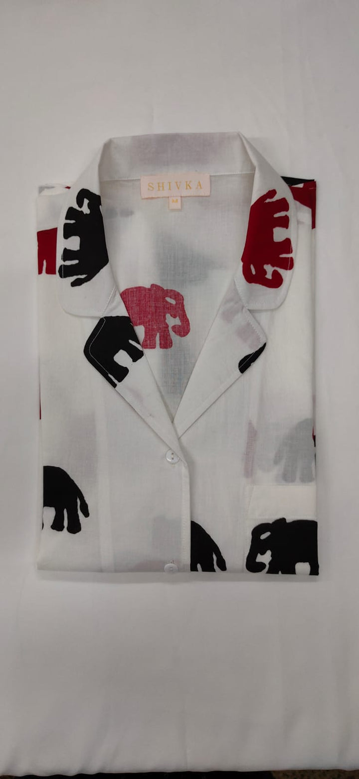 Elephant Design White Cotton Night Suit