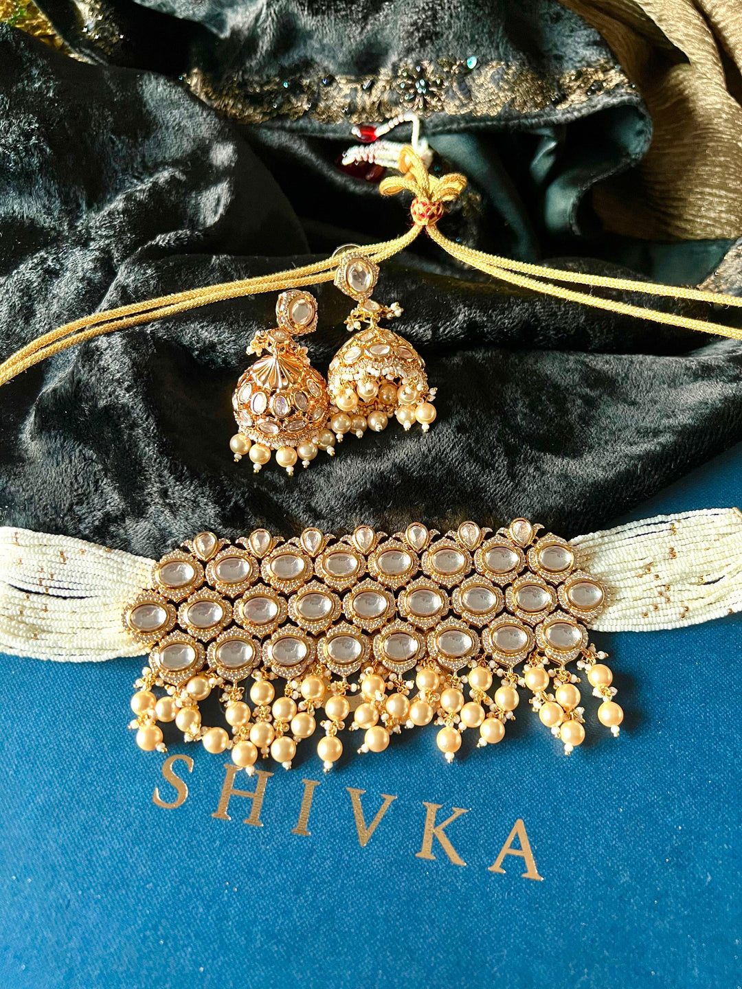 Scintillating Pearls and Kundan Choker with Jhumka Earrings - SHIVKA