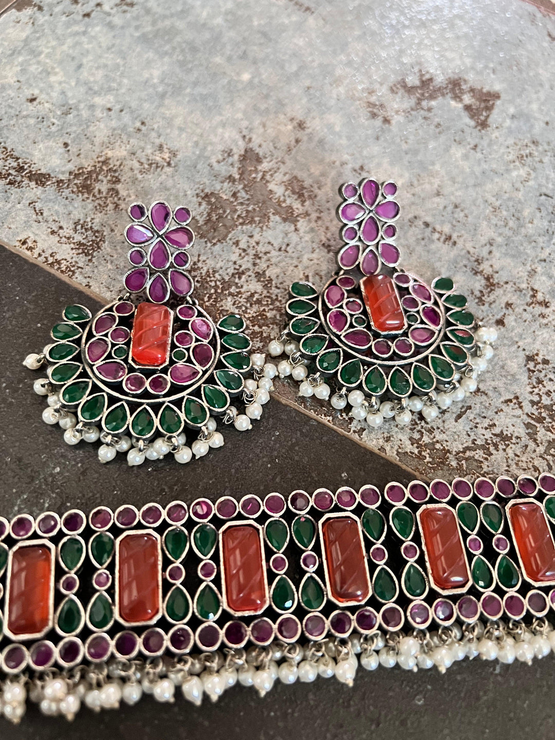 Scintillating Vintage Stones Choker with Statement Chandbaalis - SHIVKA