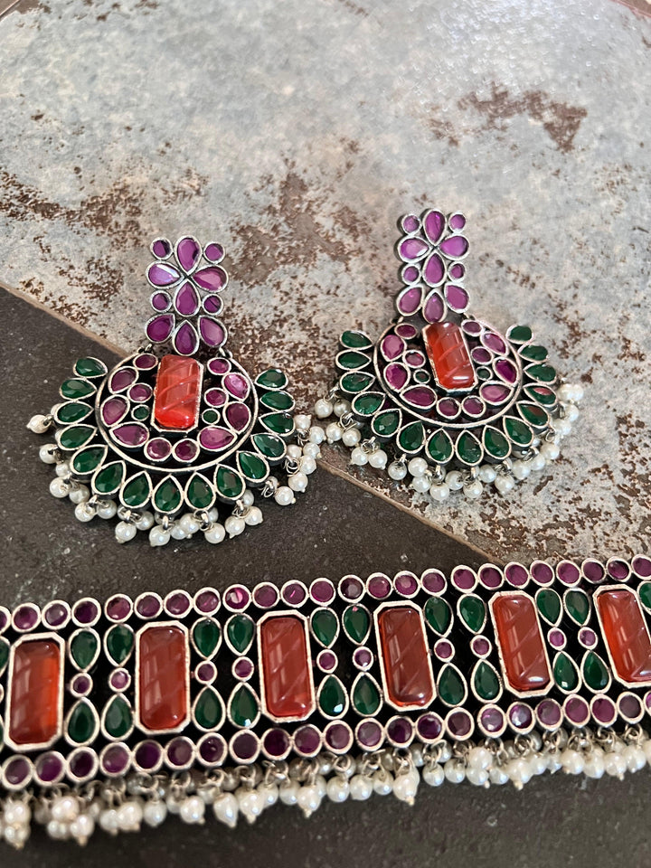 Scintillating Vintage Stones Choker with Statement Chandbaalis - SHIVKA