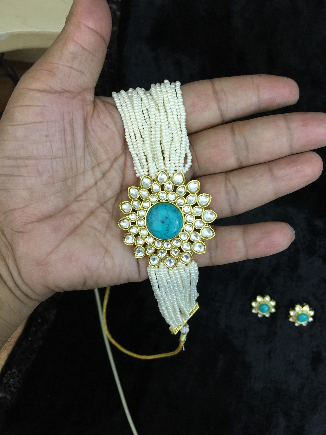 Turquoise Kundan and Pearl Choker with Earrings - SHIVKA