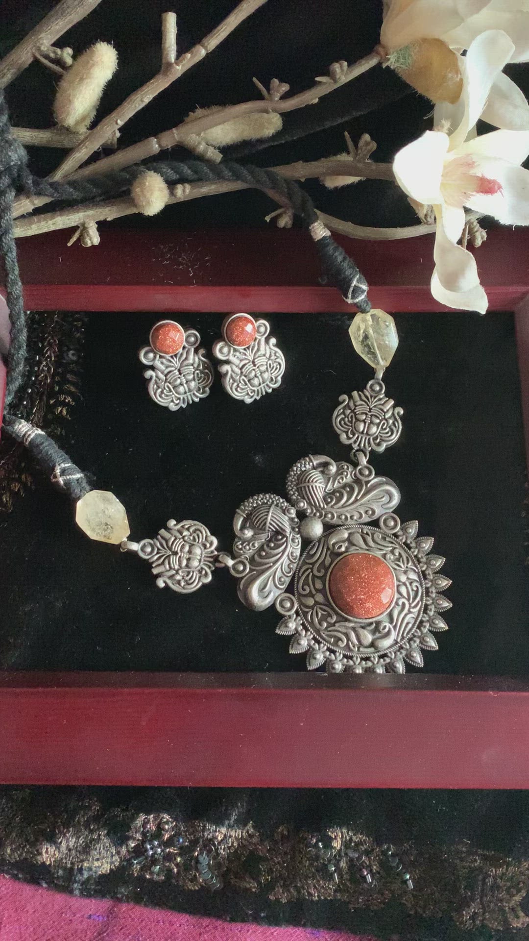 Vintage Carved Pendant Necklace with Studs