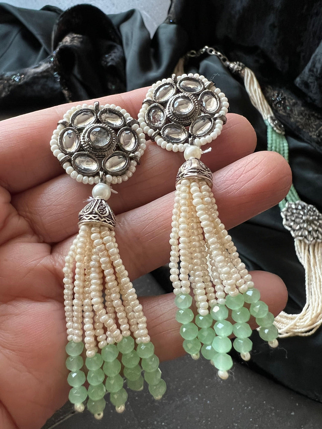 Multilayered Antique Kundan Necklace with Earrings - SHIVKA